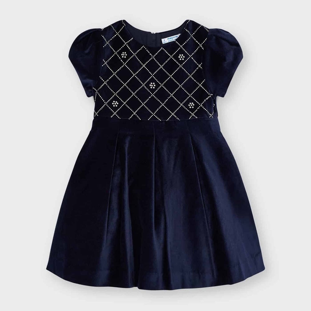 Mayoral Girls Elegant Embroidered Navy Blue Dress size 7 Formal Party Holiday